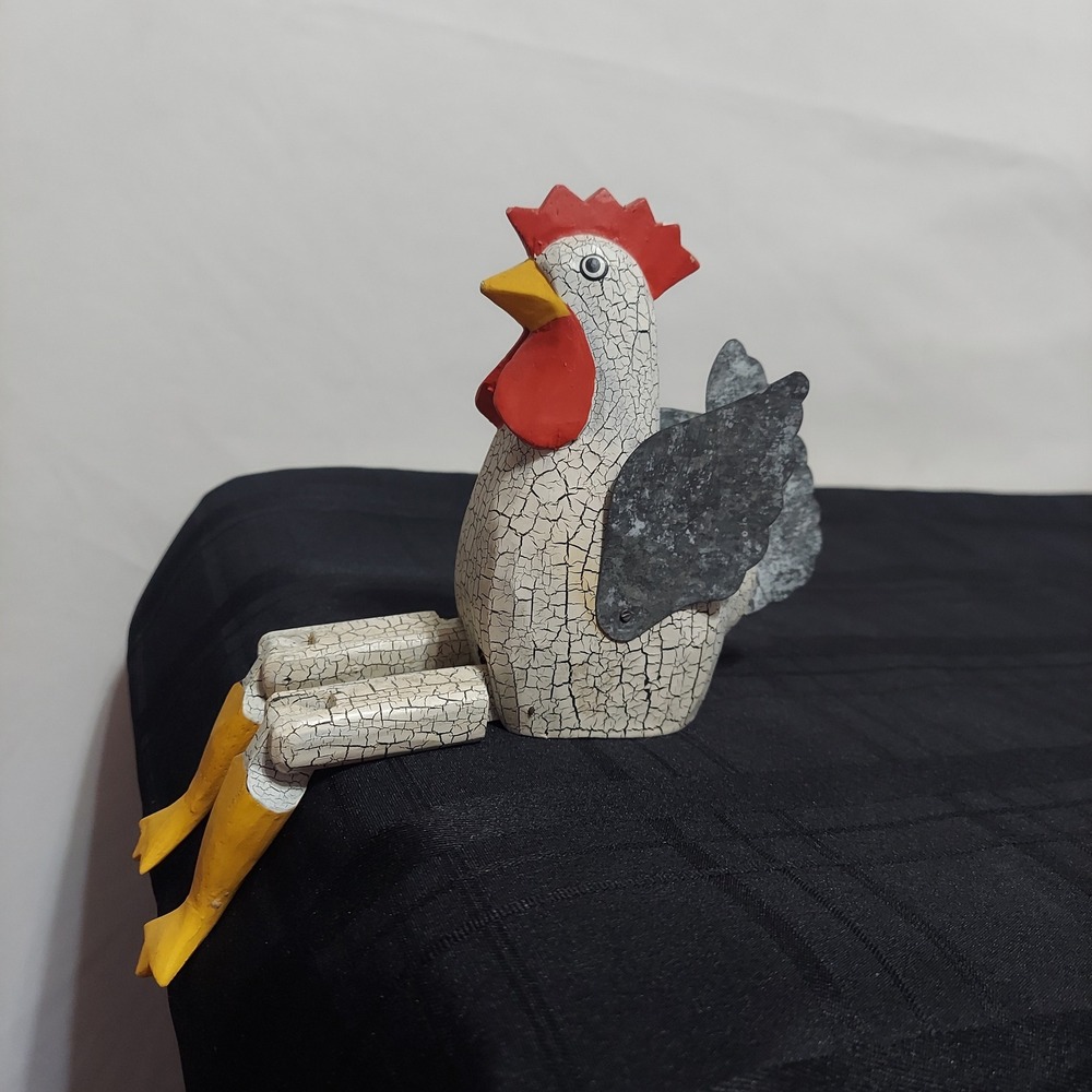 Vintage Wood Rooster Shelf Sitter Crackle Finish Metal Wings‎ Farmhouse Decor